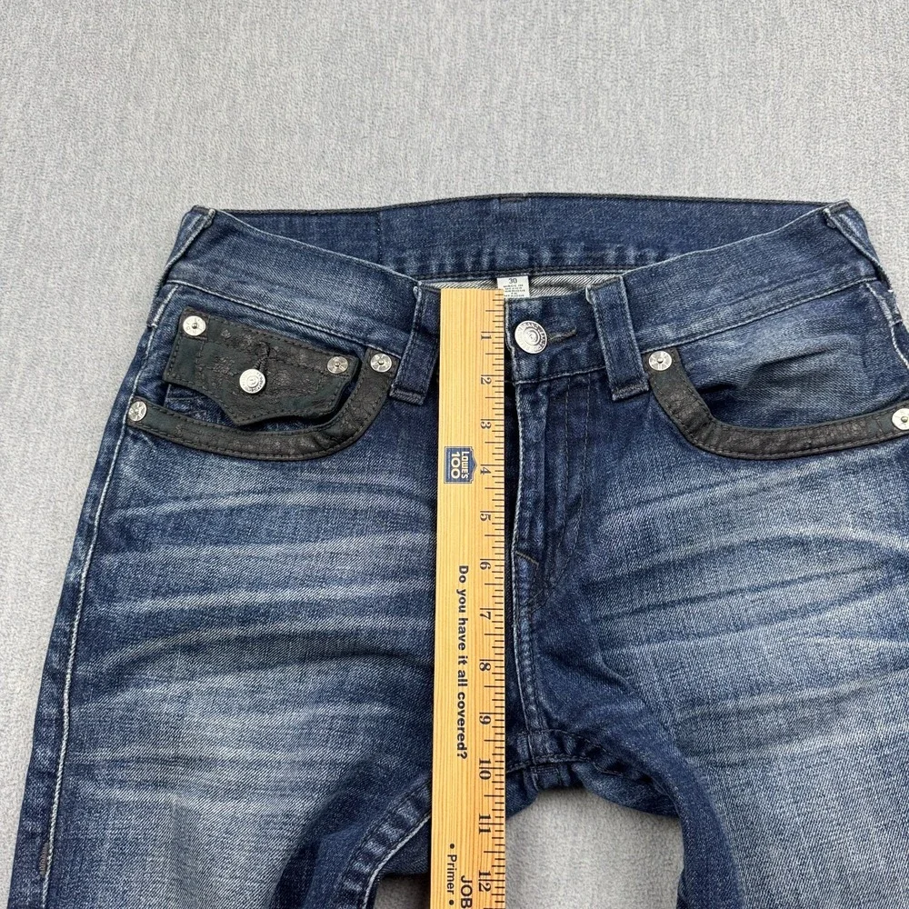 True Religion Jeans Mens 30x26 Blue Denim Skinny Flap Pocket Leather Trim Cotton